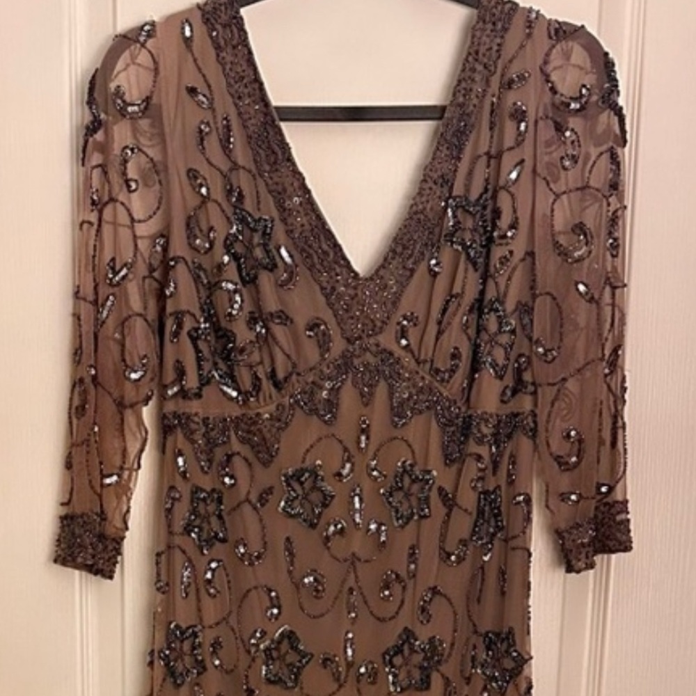 NWOT  Stunning Pisarro Nights Brown Tan Beaded Gown Sz 16